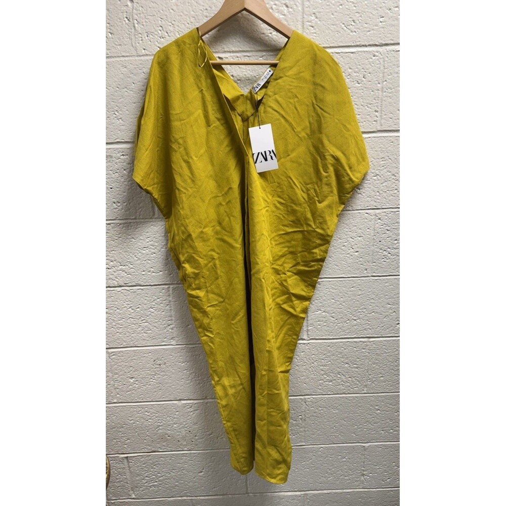 NWT Zara Yellow Linen Blend Kaftan Tunic Dress Size Small